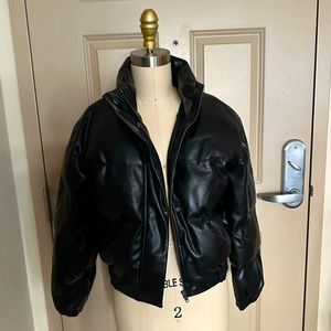 BLACK LEATHER PUFF BOMBER BY H:OURS